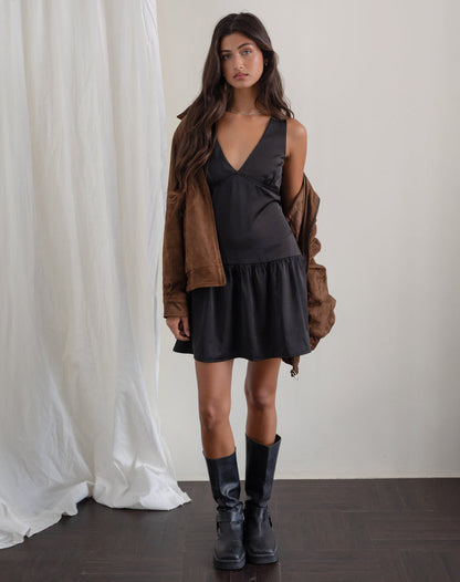 Distia Plunge Puff Mini Dress in Black