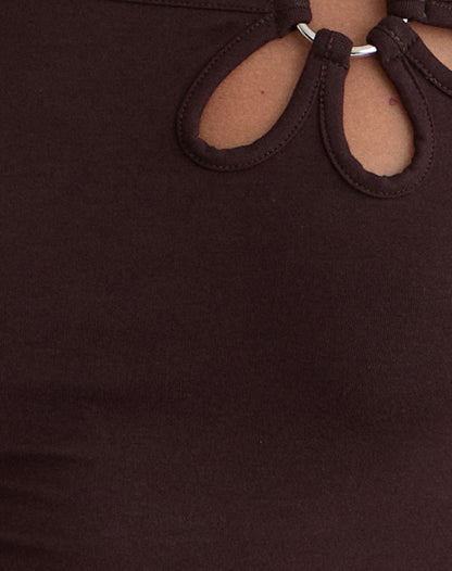 Donela Long Sleeve Top with Flower Ring in Bitter Chocolate