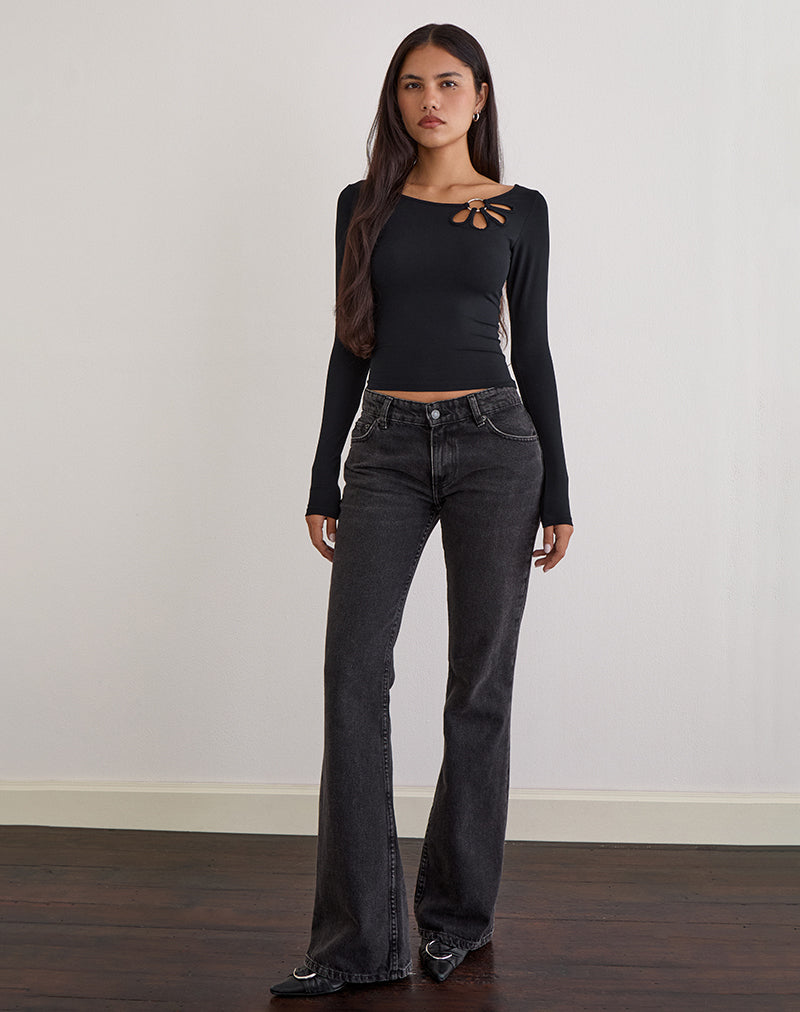 Donela Long Sleeve Top with Flower Ring in Black