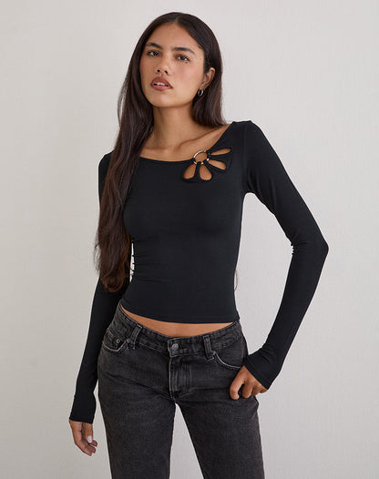 Donela Long Sleeve Top with Flower Ring in Black