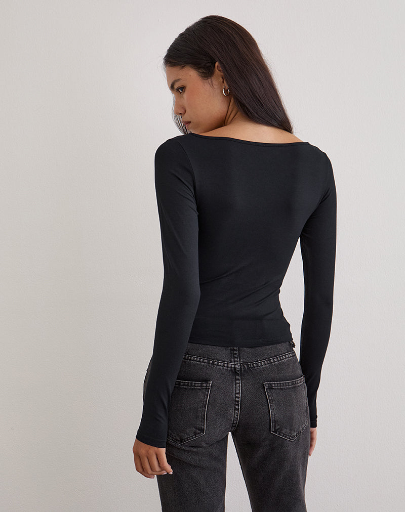 Donela Long Sleeve Top with Flower Ring in Black