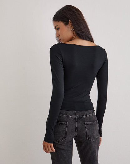 Donela Long Sleeve Top with Flower Ring in Black