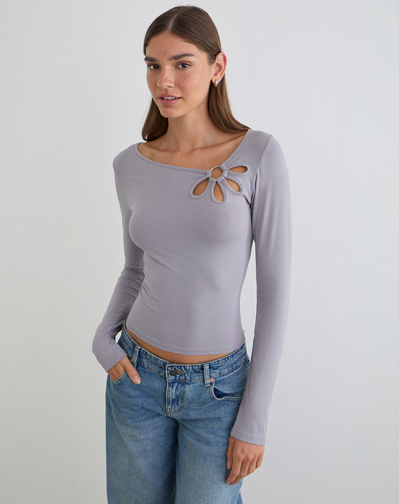 Donela Long Sleeve Top with Flower Ring in Lilac Grey