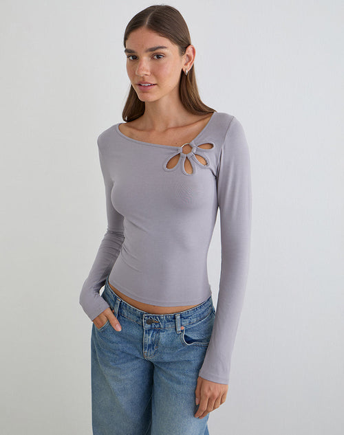 Donela Long Sleeve Top with Flower Ring in Lilac Grey