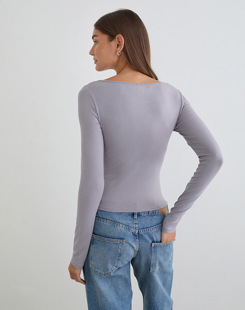Donela Long Sleeve Top with Flower Ring in Lilac Grey