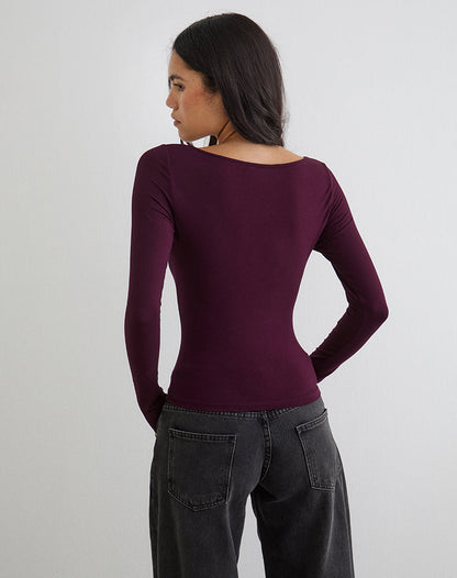 Donela Long Sleeve Top with Flower Ring in Redwood