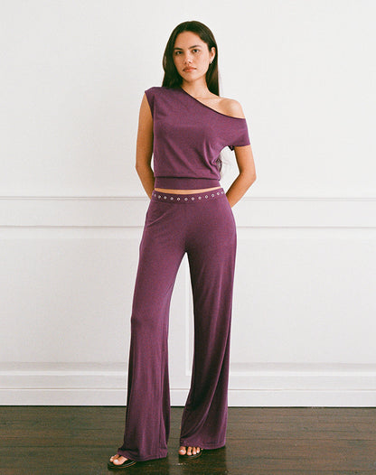 Donika Studded Waistband Trouser in Plum