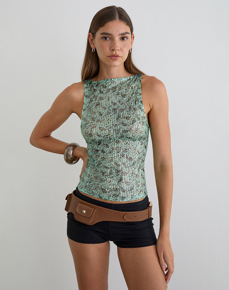 Dudley Vest Top in Paisley Sequin Teal