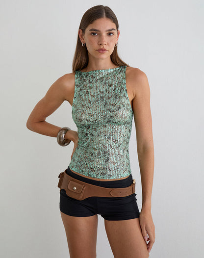 Dudley Vest Top in Paisley Sequin Teal