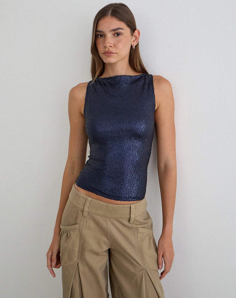 Dudley Vest Top in Drape Sequin Navy