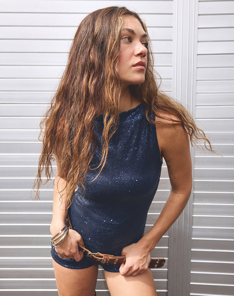 Dudley Vest Top in Drape Sequin Navy