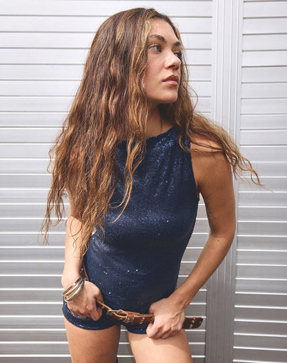 Dudley Vest Top in Drape Sequin Navy