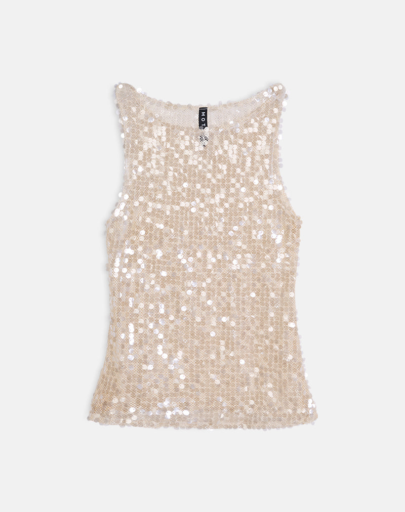 Dudley Vest Top in Sequin Crochet Cream