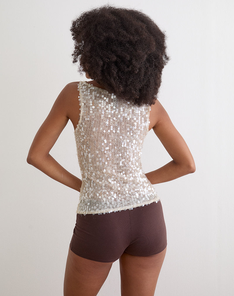 Dudley Vest Top in Sequin Crochet Cream