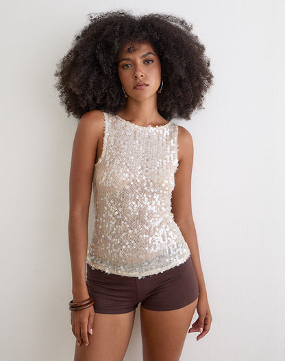 Dudley Vest Top in Sequin Crochet Cream
