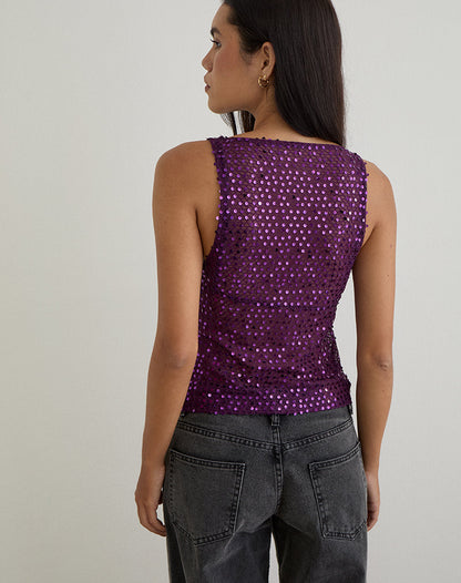 Dudley Vest Top in Sequin Knit Plum Wine