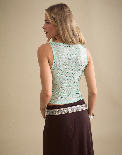 Dudley Vest Top in Sequin Knit Aqua Blue