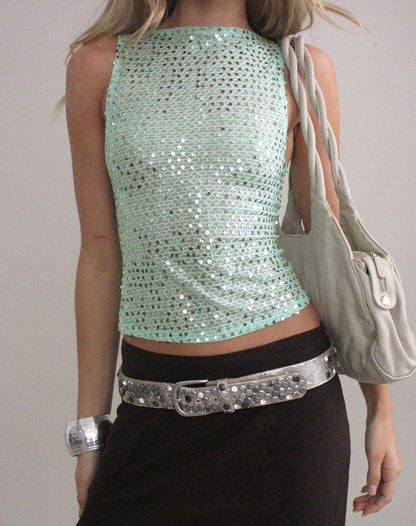 Dudley Vest Top in Sequin Knit Aqua Blue