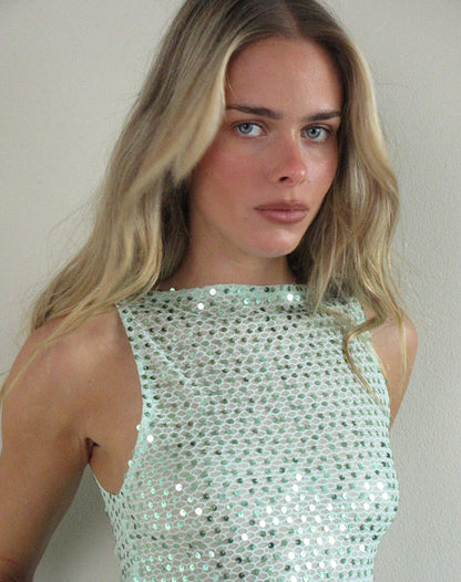 Dudley Vest Top in Sequin Knit Aqua Blue