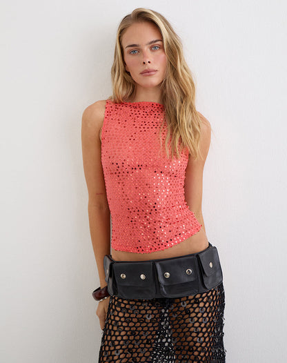 Dudley Vest Top in Sequin Knit Coral