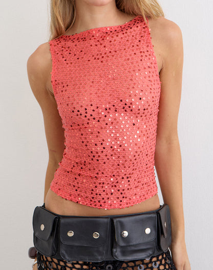 Dudley Vest Top in Sequin Knit Coral