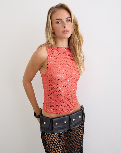 Dudley Vest Top in Sequin Knit Coral