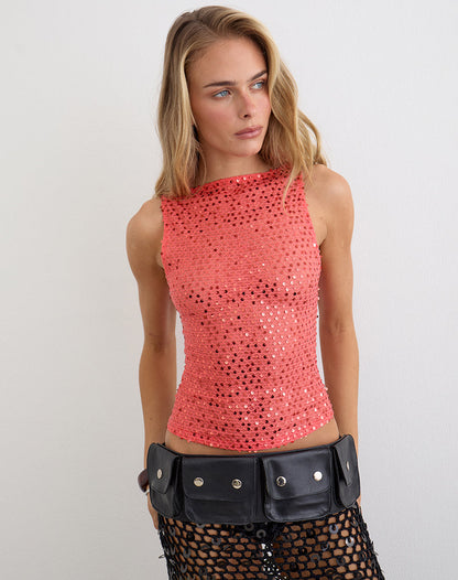 Dudley Vest Top in Sequin Knit Coral