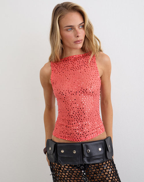 Dudley Vest Top in Sequin Knit Coral