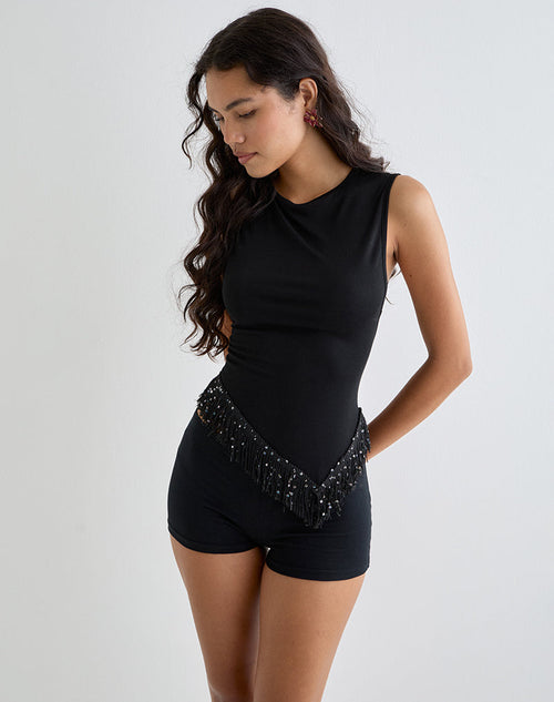 Dusya Fringe Trim Top in Cupro Black