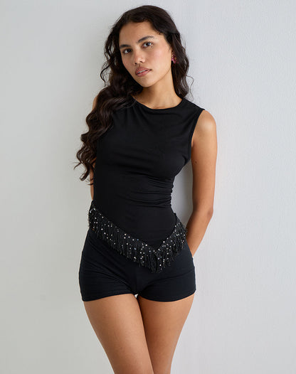 Dusya Fringe Trim Top in Cupro Black