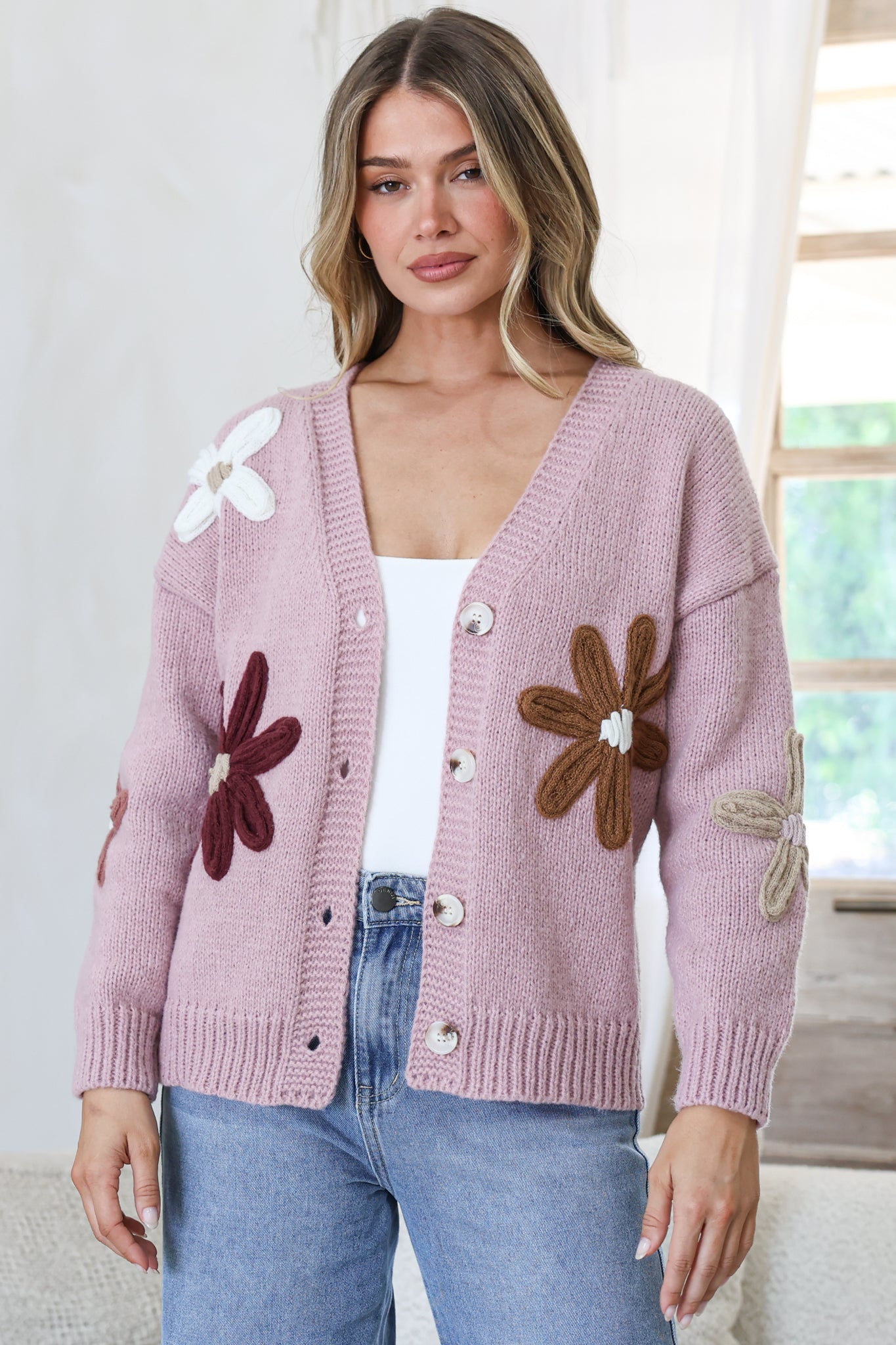 Daisy Belle Cardigan - Cropped Thick Knit Cardigan with Flower Decals in Light Mauve