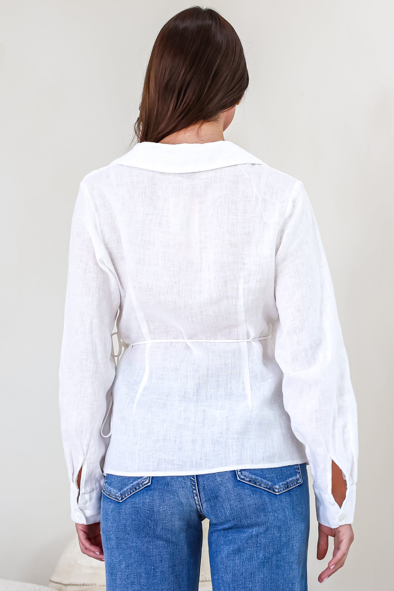 Daley Top - Wing Collar V Neck Wrap at the Waist Linen Top in White