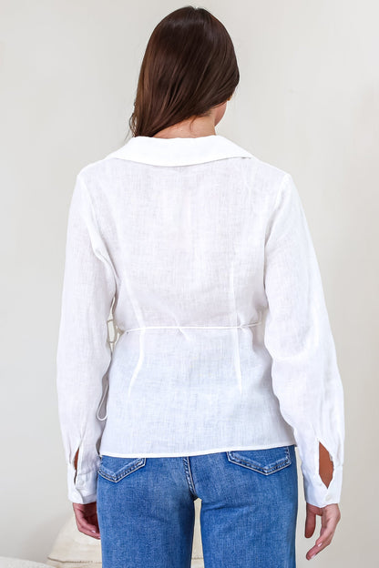 Daley Top - Wing Collar V Neck Wrap at the Waist Linen Top in White
