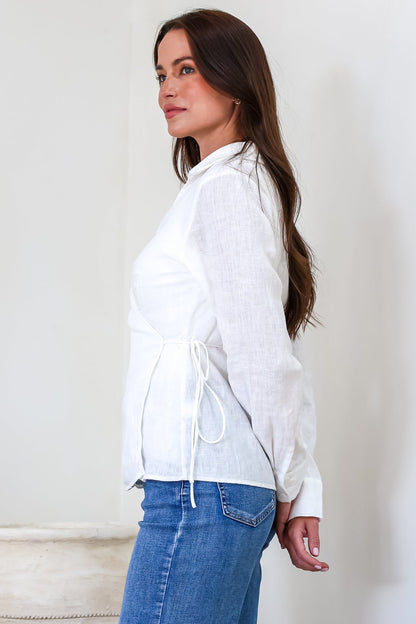 Daley Top - Wing Collar V Neck Wrap at the Waist Linen Top in White