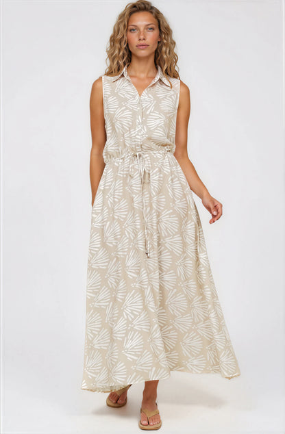 Danika Maxi Dress - Sleeveless Shirt Dress with Pull Waist Tie in Catia Print Beige