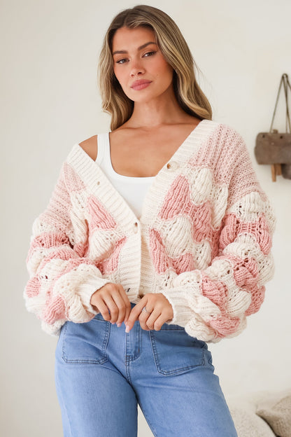 Deborah Cardigan - Relaxed Button Front Stripe Bubble Knit in Pink