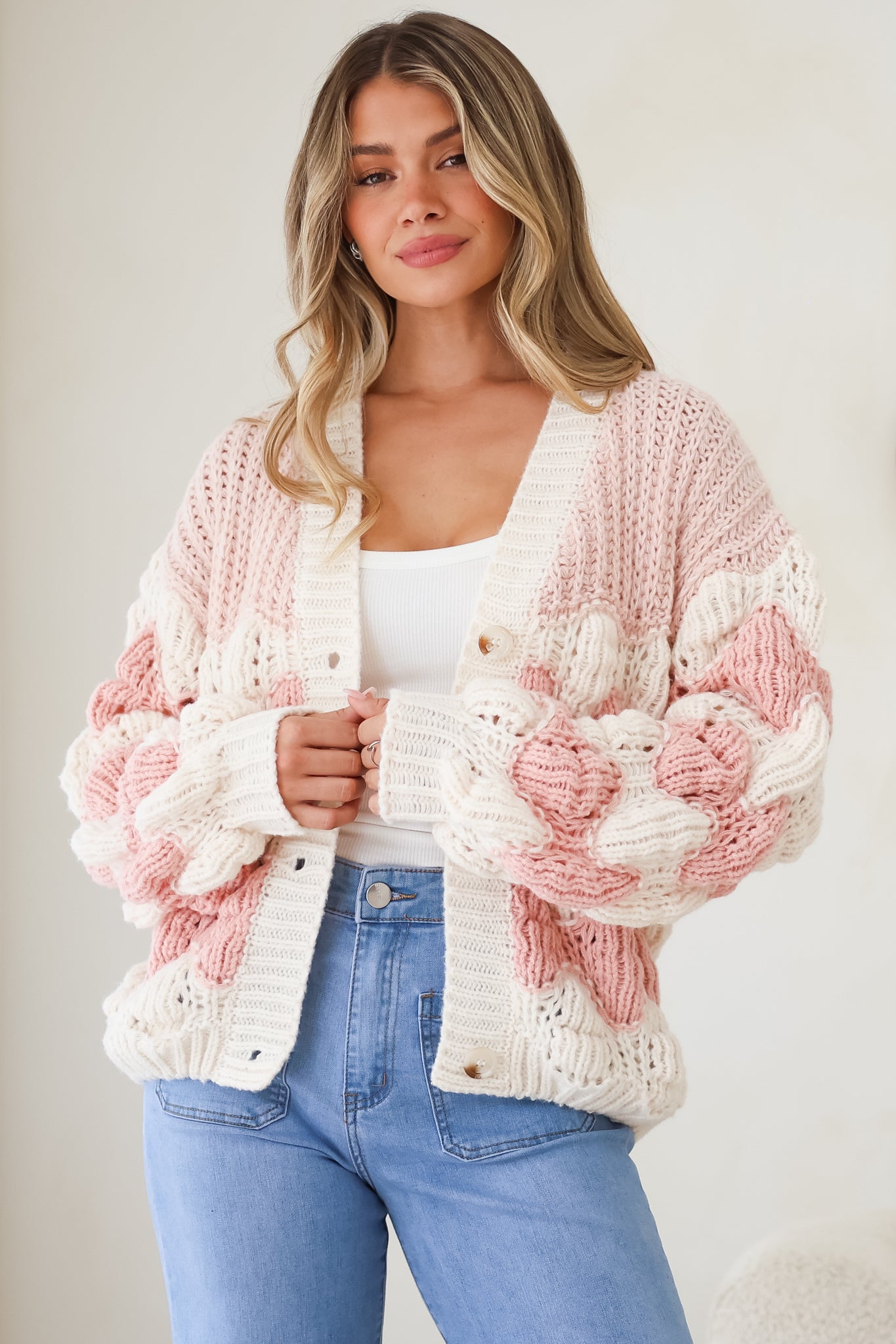 Deborah Cardigan - Relaxed Button Front Stripe Bubble Knit in Pink