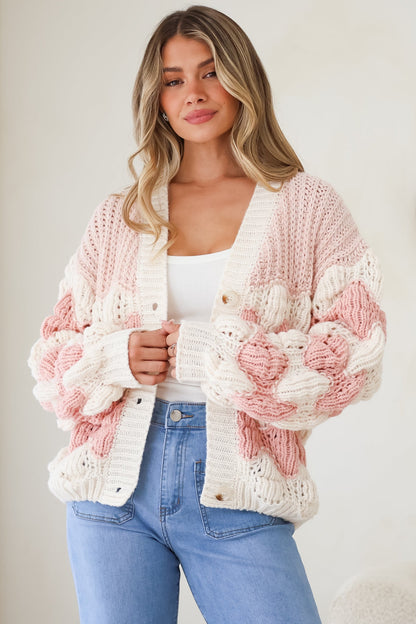 Deborah Cardigan - Relaxed Button Front Stripe Bubble Knit in Pink