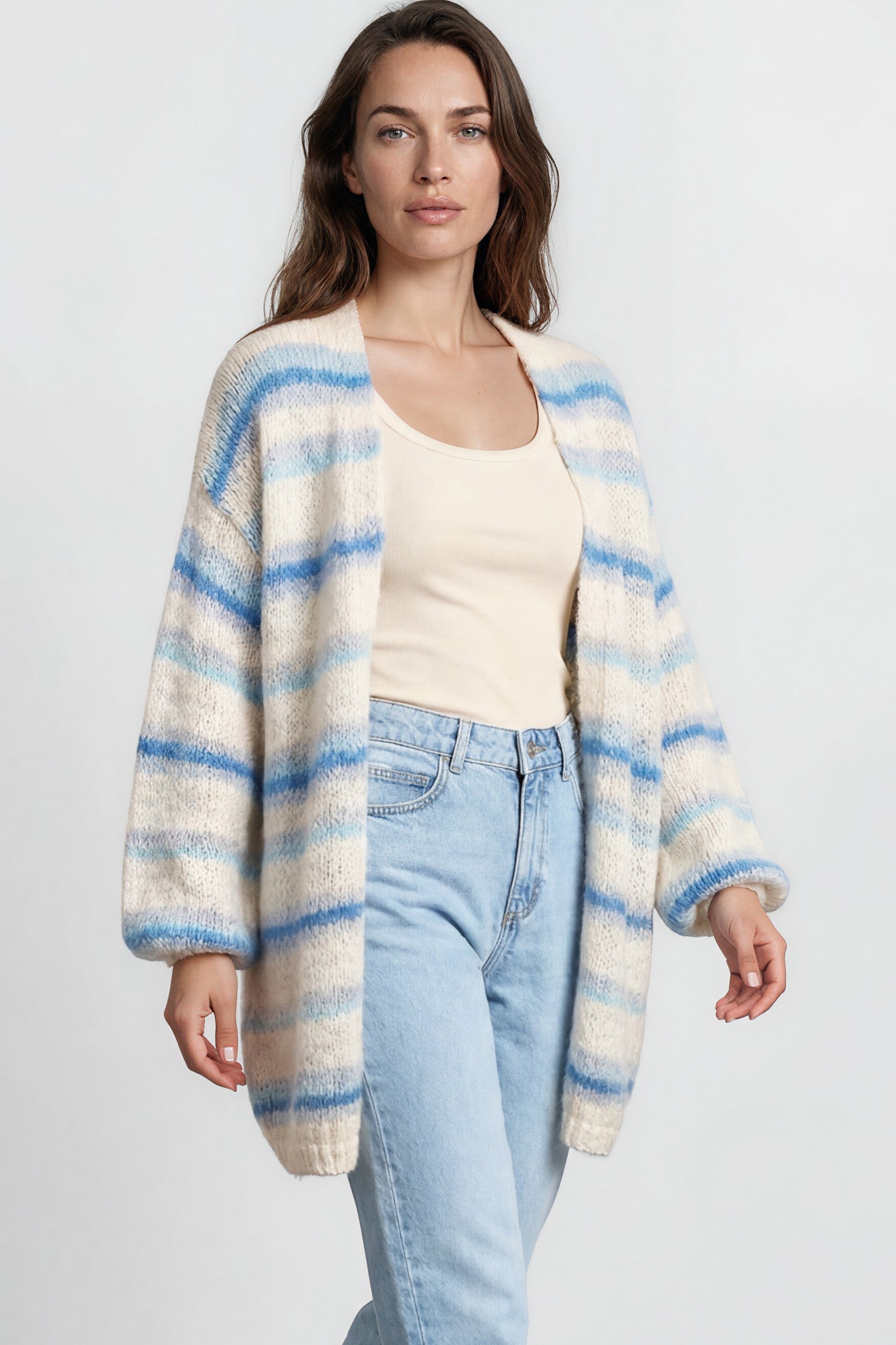 Delaney Cardigan - Open Front Stripe Knit with Pockets in Blue