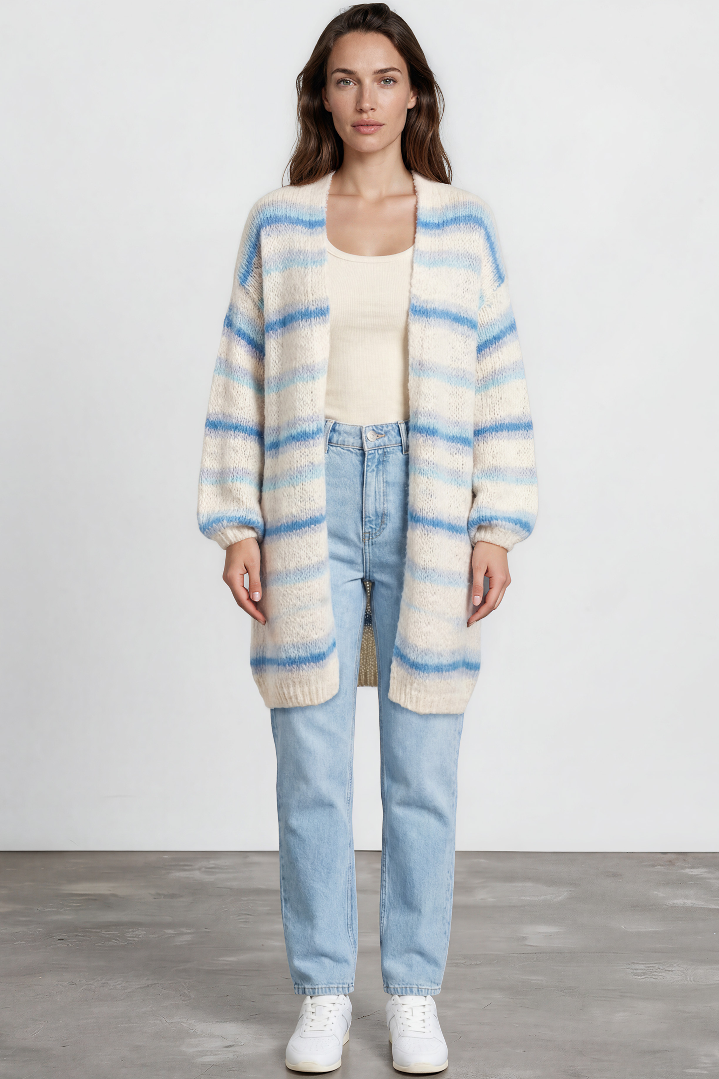 Delaney Cardigan - Open Front Stripe Knit with Pockets in Blue