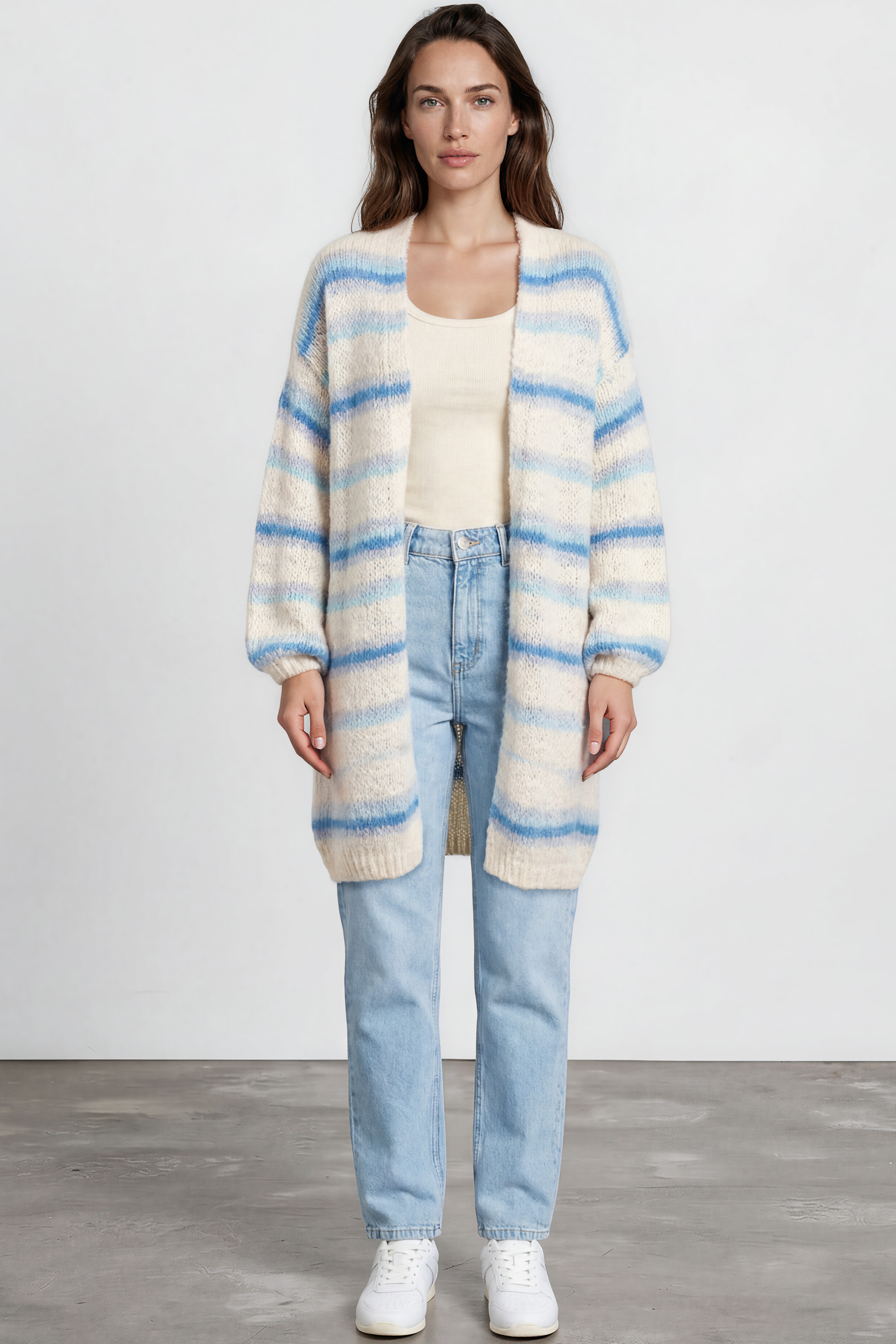 Delaney Cardigan - Open Front Stripe Knit with Pockets in Blue