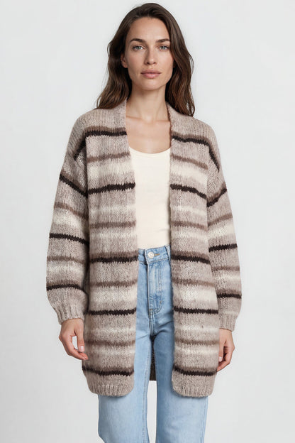Delaney Cardigan - Open Front Stripe Knit with Pockets in Brown