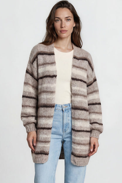 Delaney Cardigan - Open Front Stripe Knit with Pockets in Brown