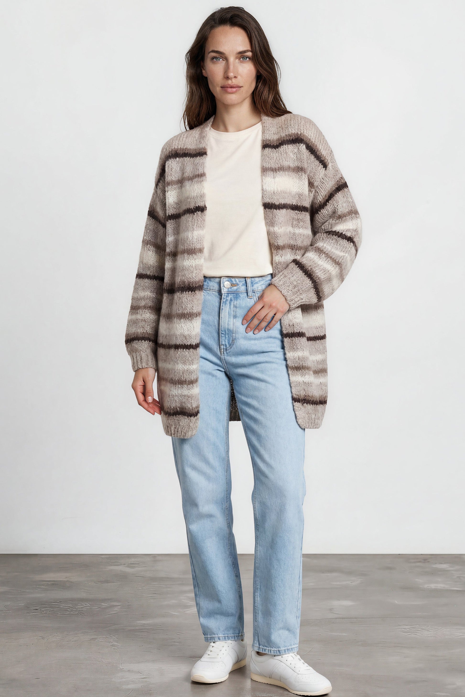 Delaney Cardigan - Open Front Stripe Knit with Pockets in Brown