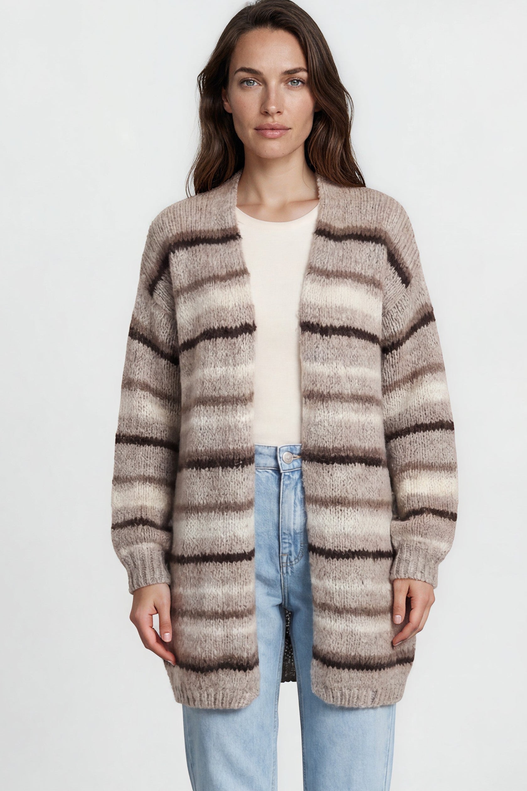 Delaney Cardigan - Open Front Stripe Knit with Pockets in Brown