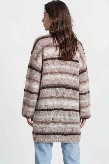 Delaney Cardigan - Open Front Stripe Knit with Pockets in Brown