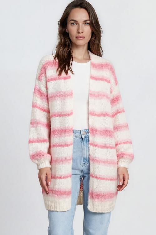 Delaney Cardigan - Open Front Stripe Knit with Pockets in Pink