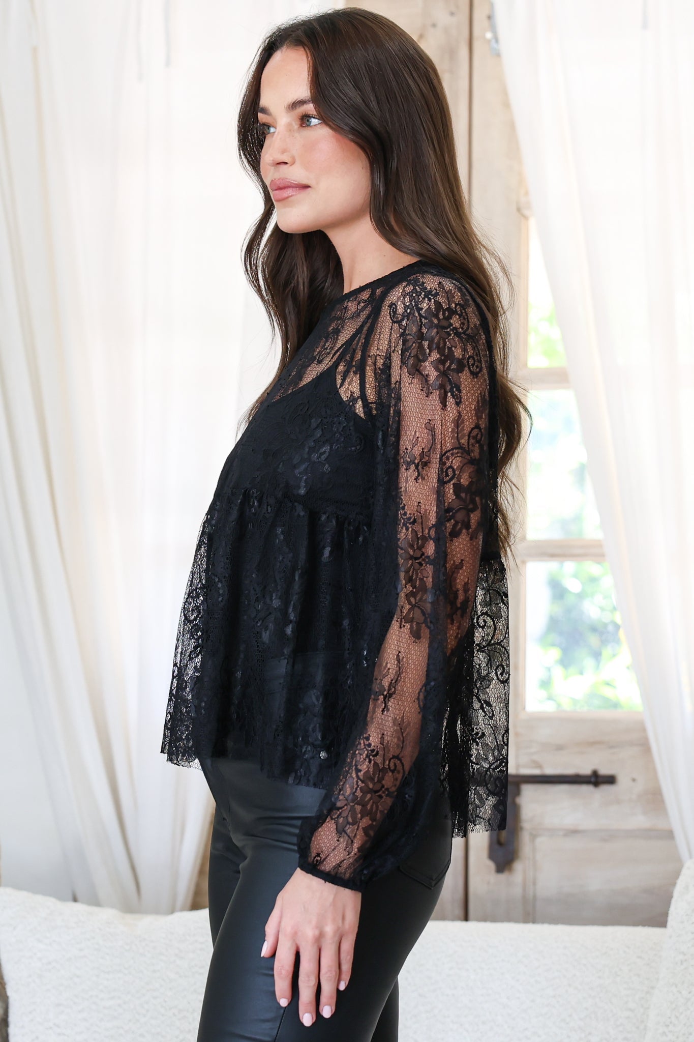 Denni Top - Lace Empire Bustline Pull Over with Matching Singlet Underlay in Black