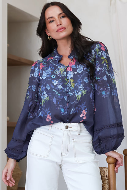 Diandra Blouse - Lace Trim Mandarin Collar Button Down with Balloon Sleeves in Elsie Print