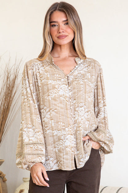 Diandra Blouse - Mandarin Collar Button Down with Lace Insert Detailing in Rossa Print